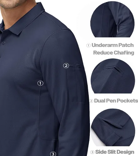 Vista 4 de MAGCOMSEN Camisas polo para hombre, 3 botones, secado rápido, manga larga, tácticas, camisa de golf