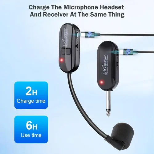 Vista 6 de Auriculares con Micrófono Inalámbrico Doble Profesional: Micrófono Inalámbrico de Diadema para Dos Personas, Micrófono de Diadema y de Mano 2 en 1