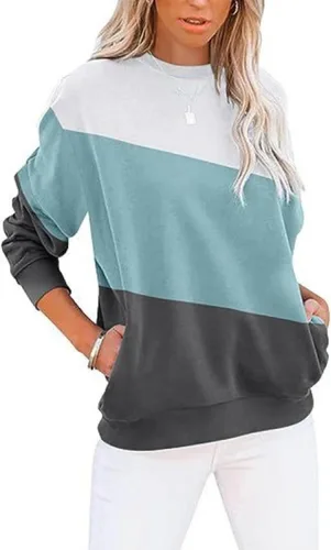 Vista 11 de Sudadera para mujer, casual, cuello redondo, manga larga, bloque de color, suave, holgada, con bolsillo, S-2XL