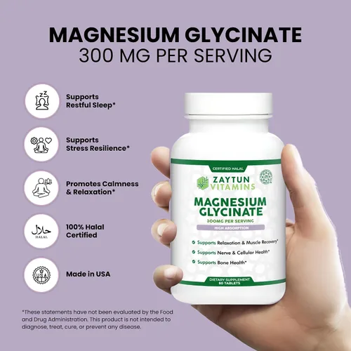 Vista 3 de Zaytun Halal Glicinato de magnesio 300 mg, alta absorción, sin gluten y gelatina, sin OMG, vegetariano, 60 tabletas, fabricado en Estados Unidos