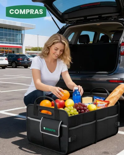 Vista 7 de Organizador de maletero de 2 compartimentos y caja de almacenamiento multicompartimentos de Oxford 600D impermeable, con tiras reflectantes y 8