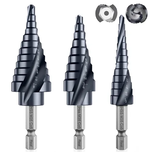 Vista 13 de Broca de cuatro Sprial Flauta M35 de cobalto, 1/4"-1-1/8" Ultra TiAIN recubierta Unibit broca, broca de vástago hexagonal de 1/4" para metal, acero
