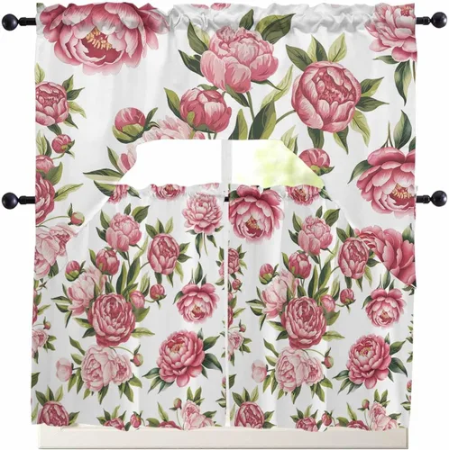 Vista 9 de Juego de cortinas de cocina con festón floral verde salvia, cenefa y nivel, 24 pulgadas de largo, diseño retro de flores rosa pastel, cortinas