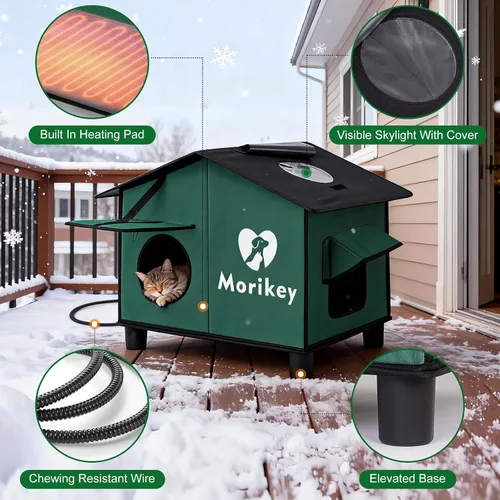 Vista 4 de Casa térmica para gatos para exteriores, casa aislada para gatos al aire libre con almohadilla térmica, refugio resistente a la intemperie