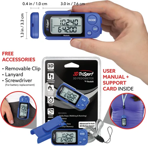 Vista 4 de Realalt 3DTriSport 3D Walking Pedometer with Clip & Strap, Accurate Step Counter with 30-Day Memory, Distance in Miles/KM with Large Display Perfect