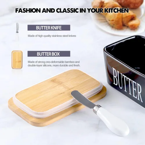 Vista 7 de Hasense Mantequillera de porcelana con tapa de bambú – Mantequera cubierta con cuchillo de mantequilla para encimera, recipiente hermético