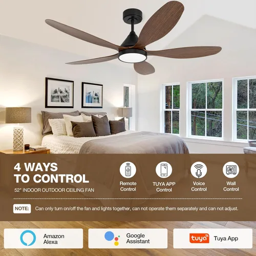 Vista 2 de Ventiladores de techo inteligentes de 52 pulgadas con luz, ventilador de techo reversible de 5 aspas con Alexa, controles de aplicación y control