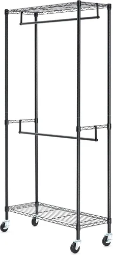 Vista 3 de Amazon Basics Perchero ajustable con doble barra, organizador de ropa colgante con ruedas, resistente, 36 x 14 x 72 pulgadas, negro