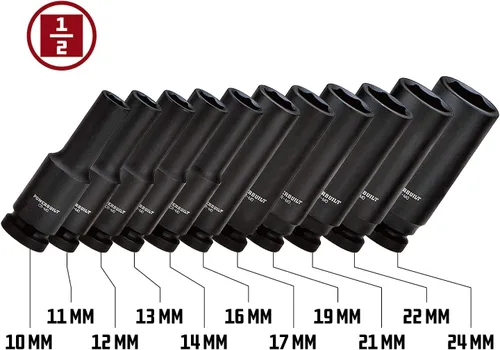 Vista 2 de Powerbuilt Juego de llaves métricas de impacto profundo, unidad de 1/2 pulgada, 6 puntos, 11 piezas, marcas de tamaño, agarre de zócalos Z-Drive