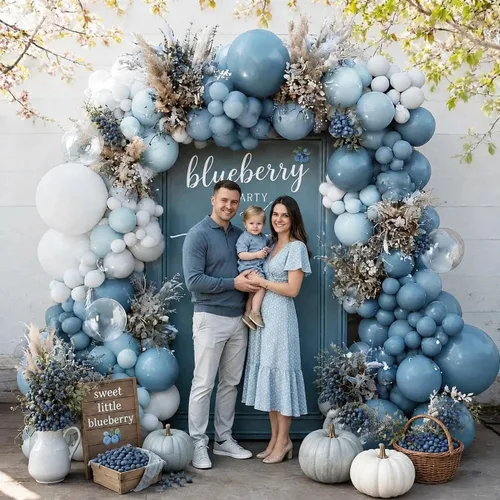 Vista 6 de Kit de arco de globos de látex azul polvoriento, blanco, mate, para baby shower, cumpleaños, boda, bajo el mar, arándanos y otoño, fiesta de otoño