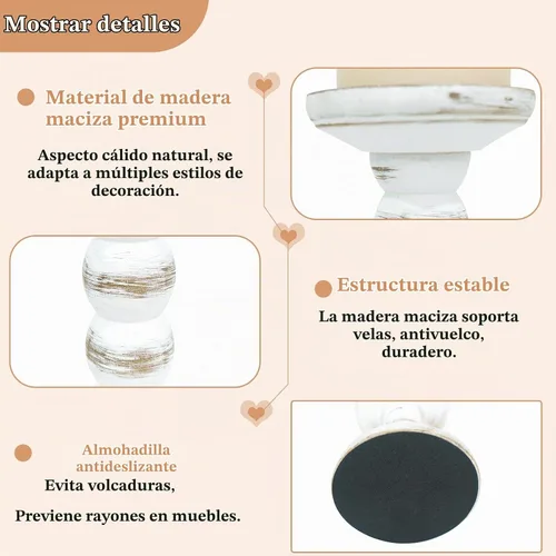 Vista 4 de Portavelas de madera, 3 piezas Portavelas rústicos blancos para velas de pilar, Portavelas decorativos de madera maciza Portavelas de madera