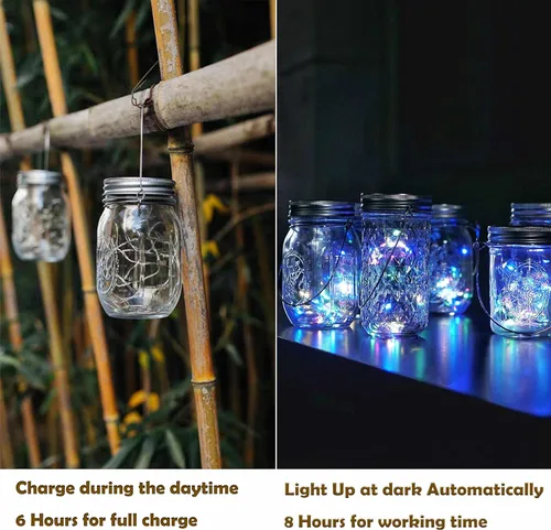 Vista 4 de Juego de 6 luces solares para tapa de tarro, paquete de 20 luces LED impermeables con diseño de estrella de hadas y luciérnaga, para decoración
