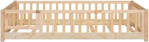 Vista 3 de i-POOK Cama de plataforma Montessori de tamaño individual, marco de cama con barandillas en forma de valla y plataforma de madera maciza con 7