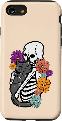 Vista 13 de iPhone 15 esqueleto abrazando flores de gato negro Halloween mujeres niñas caso