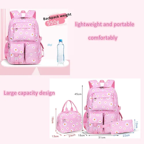 Vista 4 de Mfikaryi Mochilas con estampado de margaritas para niñas, 3 piezas, con lonchera, Gris, Moda