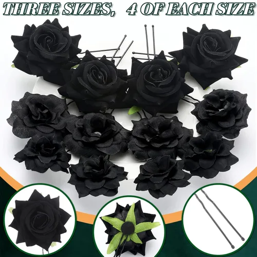 Vista 5 de BBTO 12 pinzas para el pelo de rosas, accesorios mexicanos para bailarinas de flamenco, mujeres, flores mexicanas, clips de flores para novia, Negro