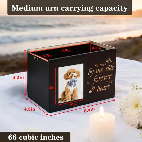 Vista 2 de Urnas para mascotas para perros o gatos cenizas con marco de fotos, caja de memoria de madera para recuerdos con franela negra como forro, regalos