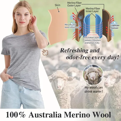 Vista 3 de Merino Protect Camisetas 100% de lana merino para mujer, cuello redondo, manga corta, resistencia al olor, capa base, viajes, senderismo, camiseta