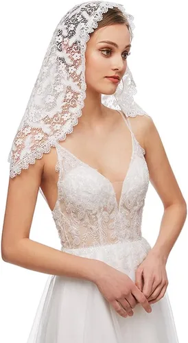 Vista 3 de Velo de mantilla de encaje, bufanda de encaje floral vintage, triángulo blanco, velo de boda, velo capilla, velos de marfil, iglesia católica