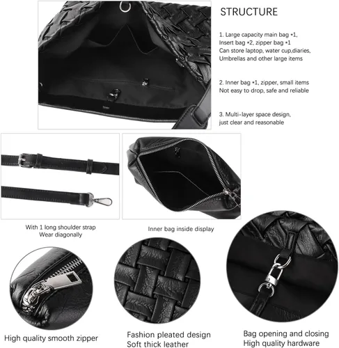 Vista 5 de Bolso Boston para mujer, bolso tejido de cuero vegano, bolso de mensajero para mujer, bolso cruzado de hombro de moda, casual hobo