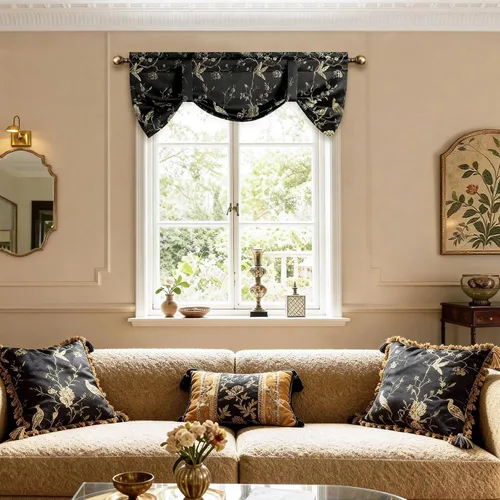 Vista 2 de VOGOL Cenefa floral negra para ventanas, patrón de pájaro, 52 x 18 pulgadas *Pájaro dorado