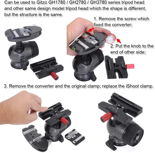 Vista 8 de iShoot Convertidor de abrazadera adaptadora compatible con Manfrotto 200PL 410PL, Arca-Swiss Fit Placa de liberación rápida y cabezal de trípode