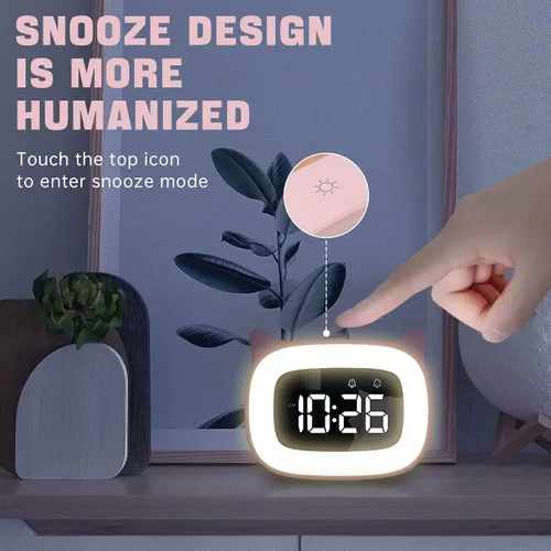 Vista 2 de Reloj despertador de gato rosa con luz nocturna para niños Small Alarm Clock, OK to Wake, Toddlers Clock, Birthday Gift for Boy Girls Children