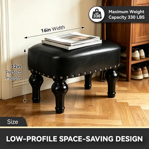 Vista 2 de Reposapiés de cuero otomano de madera, asiento rústico para pies, reposapiés de madera, reposapiés rectangular pequeño otomano para dormitorio, sala