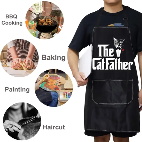 Vista 6 de WZMPA Divertido delantal de cocina Catfather con bolsillos, regalo para papá y gato, delantal ajustable para cocinar, hornear, asar a la parrilla