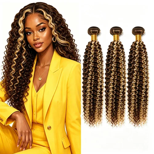 Vista 124 de P4613 Cabello humano rizado onda profunda marrón y paquetes mixtos 8 10 12 P4613 Ombre Marrón-Rubio-DP