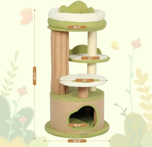 Vista 2 de KAMABOKO Bonito árbol para gatos de 42.5 pulgadas, árbol verde para gatos de interior, torre estética para gatos con forro polar de peluche