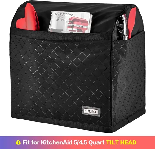 Vista 4 de HOMEST Funda Acolchada Antipolvo para Batidora de Pie con Bolsillos Compatible con KitchenAid de 5/4.5 Cuartos de Galón Cabezal Inclinable, Negro