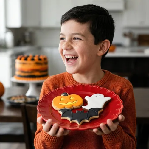 Vista 8 de Juego de 5 cortadores de galletas de Halloween y decoración hechos en Estados Unidos por Ann Clark, calabaza, fantasma, murciélago, naranja y gel