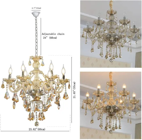 Vista 2 de Moderna lámpara de araña de cristal K9 Cognac de 6 luces, base de vela E12, lámpara colgante de cristal, elegante lámpara de techo de cristal