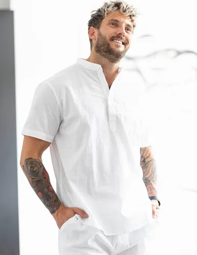 Vista 5 de COOFANDY - Camisetas henley de algodón y lino para hombre, manga corta, con bolsillo, de estilo hippie, informal, para la playa
