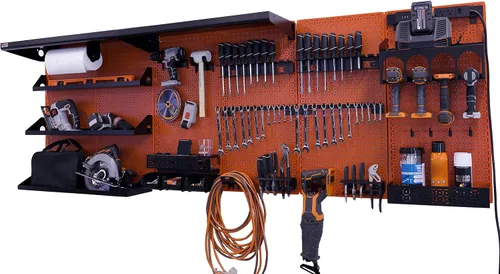 Vista 28 de OmniWall Weekend Warrior Ultimate Tool Kit - Sistema de Almacenamiento de Pared de Tablero de Clavos de Metal de 96" x 32" Negro/Naranja