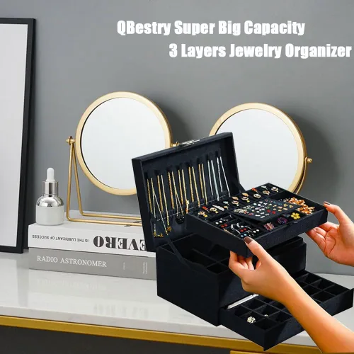 Vista 3 de QBestry Caja organizadora de joyas para mujeres y hombres caja de joyería de terciopelo negro de 3 capas grande de almacenamiento de joyas
