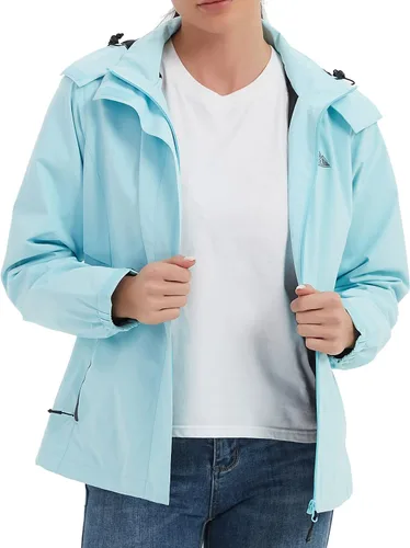 Vista 4 de MOERDENG Chaqueta impermeable para mujer, ligera, con capucha, para senderismo, cortavientos softshell