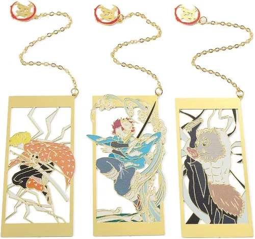 Vista 2 de Demon Metal - Marcapáginas de anime Kawaii Kamado Tanjirou, Agatsuma Zenitsu, Hashibira Inosuke, suministros escolares, regalos para hombres