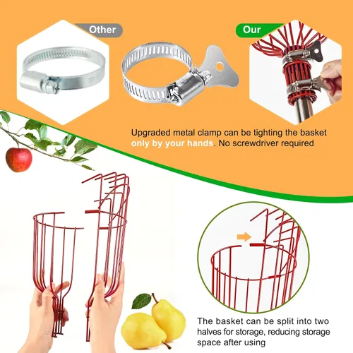 Vista 7 de Herramienta de poste para recoger frutas con cesta anti-caída estable, poste de acero inoxidable de 13 pies para manzana, recolección de mango