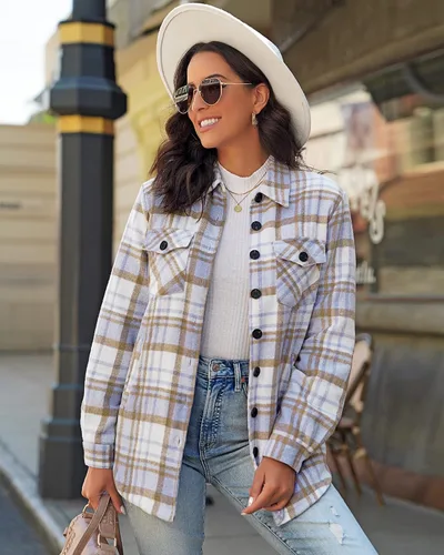 Vista 6 de GRAPENT Chaqueta acolchada con botones a cuadros de gran tamaño para mujer