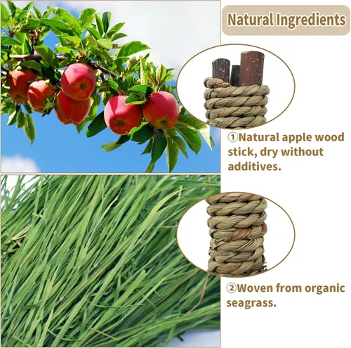 Vista 2 de Fhiny 12 piezas de juguetes masticables de conejillos de indias, ramas de manzana, hierba marina, palitos molares para dientes, conejito masticable