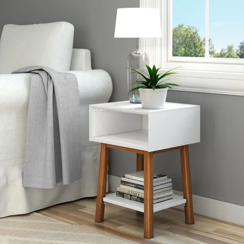 Vista 14 de Plank+Beam Mesa auxiliar de madera con almacenamiento, mesas auxiliares modernas de mediados de siglo para sala de estar, mesita de noche pequeña