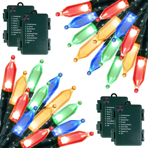 Vista 10 de Luces de Halloween naranja púrpura para exteriores, 17.8 pies, 50 luces LED de Navidad con 8 modos, mini tira de luces impermeables a pilas para uso