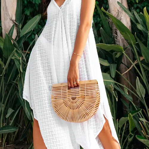 Vista 2 de Emprier Bolsas de bambú vintage para mujer, hechas a mano, bolsas de paja de verano, playa, bolsos de cesta