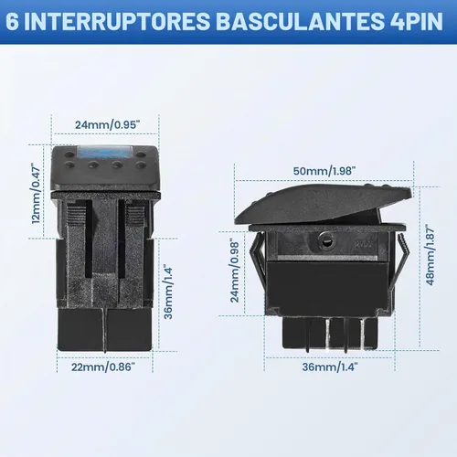 Vista 2 de Anina Juego de 6 interruptores basculantes de 4 pines SPST 20A/12V 10A/24V con calcomanía de brillo nocturno, luz LED azul, impermeable, interruptor