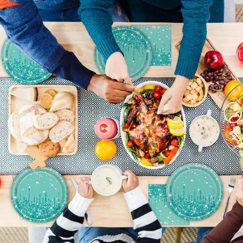Vista 7 de 96 piezas de platos, servilletas y tenedores para fiesta de cumpleaños azul, verde, plateado, juego de vajilla desechable de papel con temática