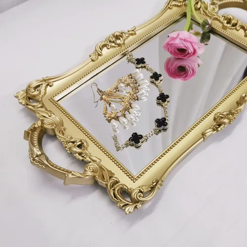 Vista 2 de Bandeja Espejo Decorativa Rectangular Pequeña, Estilo Francés, Organizador de Maquillaje, Organizador de Joyas, Bandeja para Servir, 13" x 7.8