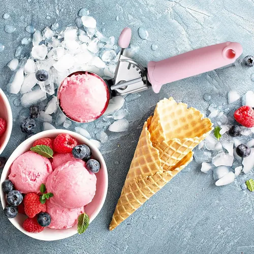 Vista 4 de Paquete de 2 cucharadas de helado para masa de galletas con gatillo mango rosa para masa de galletas, magdalenas, masa de helado, control