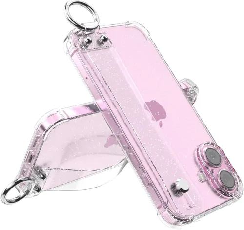 Vista 9 de Funda con purpurina con correa de mano compatible con iPhone 13 de 6.1 pulgadas, funda transparente brillante con correa de muñeca ajustable soporte